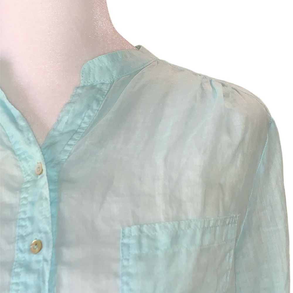 Zara Woman Linen Tunic Womens Small Aqua Blue Roll Tab Sleeve Button Up Top